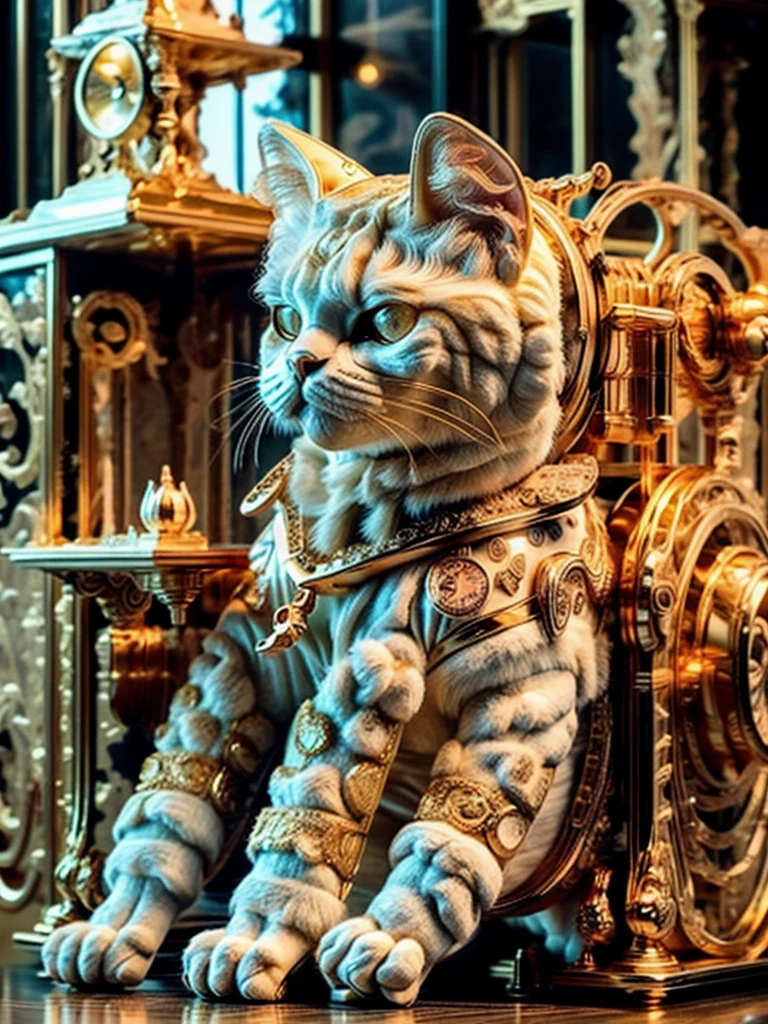 best quality, 8k, masterpiece, realistic, depth of field, long exposure, selective focus, low angle shot, IvoryGoldAI:1.2, gold and whitegundum cat:1.3, sitting:1.2, full body, long exposure, very complicated pattern derive from fur:1.2, white and gold mechanical cat:1.2, gears:1.2, clock work:1.2