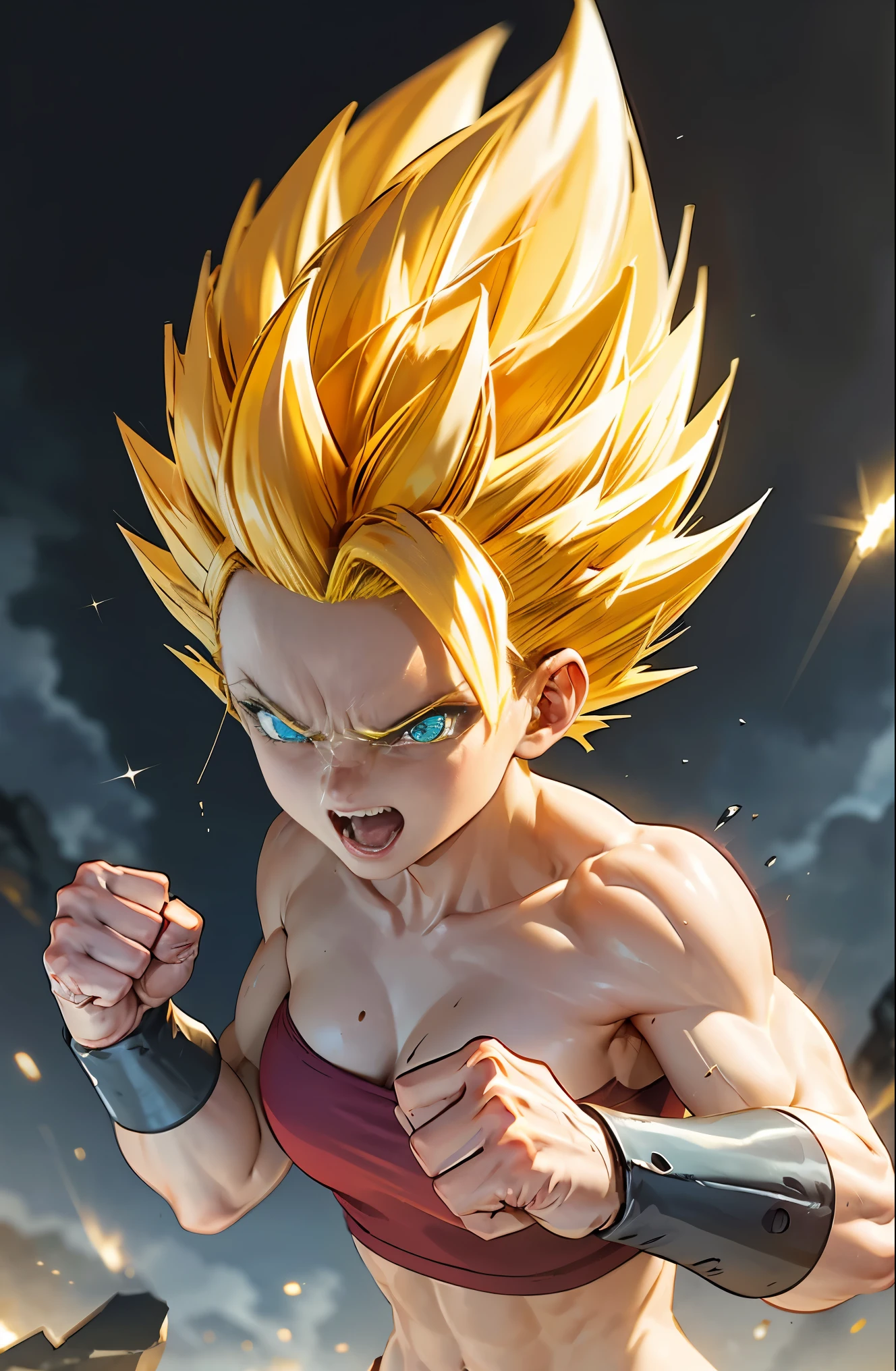 the female character Caulifla in a dynamic and powerful pose. Caulifla is a strong and muscular Super Saiyan, Known for her confident and defiant attitude. She has an athletic and muscular physique, demonstrating strength and agility. (medium bust), Your skin is white, ((and his eyes are large blue and expressive blue in color)), that convey determination and courage. ((blue colored eyes)).
((Caulifla's hair is a striking feature: It's yellow golden hair, spiky and rises into jagged peaks)). ((She wears a set of traditional Saiyan combat clothing., consisting of a short red top that shows off her defined abdomen and long purple pants)). ((Purple pants)), Complete the look with brown combat boots.
Add details like dark gray metal bracelets on both wrists.. Your expression should be fierce and confident, with a defiant smile on his face. The pose should reflect your combative personality, perhaps with a clenched fist or a stance ready to attack.
The background could be a battle scene, like a rocky training ground or a destroyed arena, with debris and dust in the air, further highlighting the intensity of the character. Lighting should be dramatic, with shadows accentuating his muscles and the sparkle in his eyes reflecting his energy and determination.