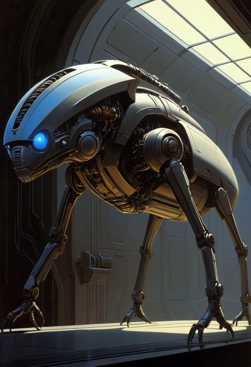 Mechanical Creature, science fiction, futuristic, cyberpunk, by Ralph McQuarrie, cinematic still, chiaroscuro, dynamic, (best quality, masterpiece, photorealistic), very aesthetic, perfect composition, intricate details, ultra-detailed, vivid colors