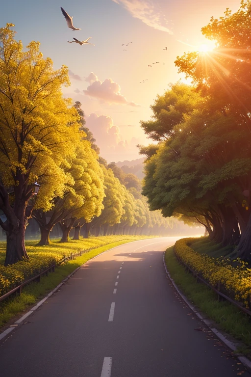 (Best Quality,8k,High resolution,masterpiece:1.2),ultra detailed,Sunset,the avenue lined with jackfruit in bloom, The beautiful yellow rapeseed flowers on the shore., The current, the breeze, The birds fly,