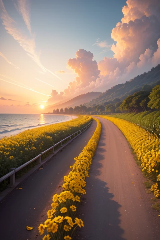(Best Quality,8k,High resolution,masterpiece:1.2),ultra detailed,Sunset,the avenue lined with jackfruit in bloom, The beautiful yellow rapeseed flowers on the shore., The current, the breeze, The birds fly,