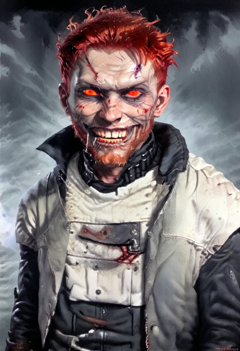 Young man of 25 years with short and red hair, he has red eyes, he has extremely white and pale skin. He has a light beard shaved to the chin. He wears a sleeveless jacket and he wears ranger shoes. He has a scary smile. It has two abnormally pointed canines. It has black veins that are apparent on its arms. Face shows cruel air [Young man, 25 years old] [Red hair and course] [Red eyes] [Light beard shaved to chin] [Smile of vampire] [Cruel look] Medium shot 8K Photorealist style