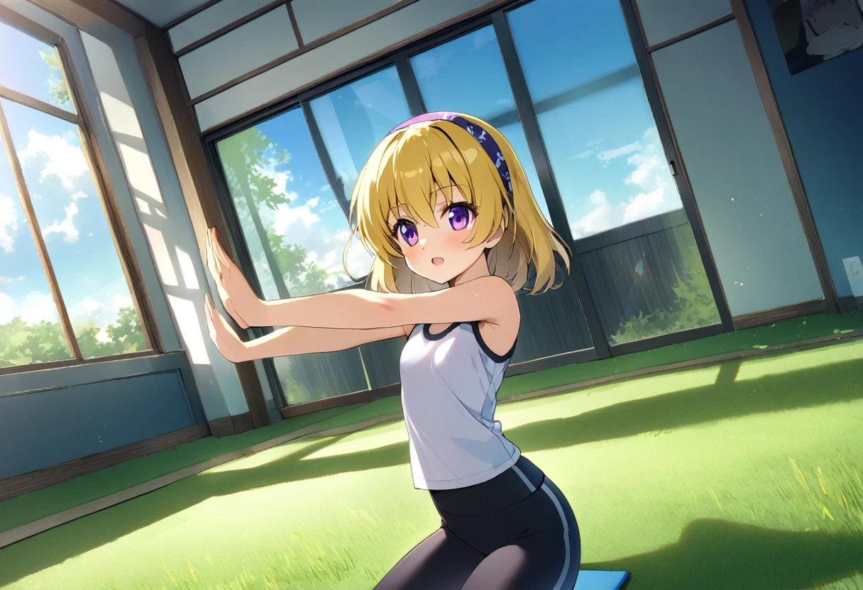 (Houjou_Satoko), (Low angle shot), (yoga), blue sky、Green Grass、Sportswear、yogaマット、Natural light, woman, (Yellow Hair), Blonde, Purple eyes, short hair, hair band, Small breasts, 11 years old, 