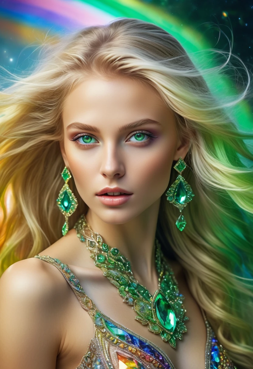 A blonde alien girl with textured skin, ((perfect half body from the knee up)), mesmerize, perfect green eyes, full mouth, whose hair, body is made with mineral appliqués, iridescent diamond, topaz, emeralds, earrings and necklace, off-the-shoulder dress detailed, (best quality, ultra-detailed), portraits, light colors, flowing hair incident, dynamic poses, fractal background rainbow colors, realistic, long hair flowing in the wind, glowing eyes, unearthly beauty, surreal atmosphere