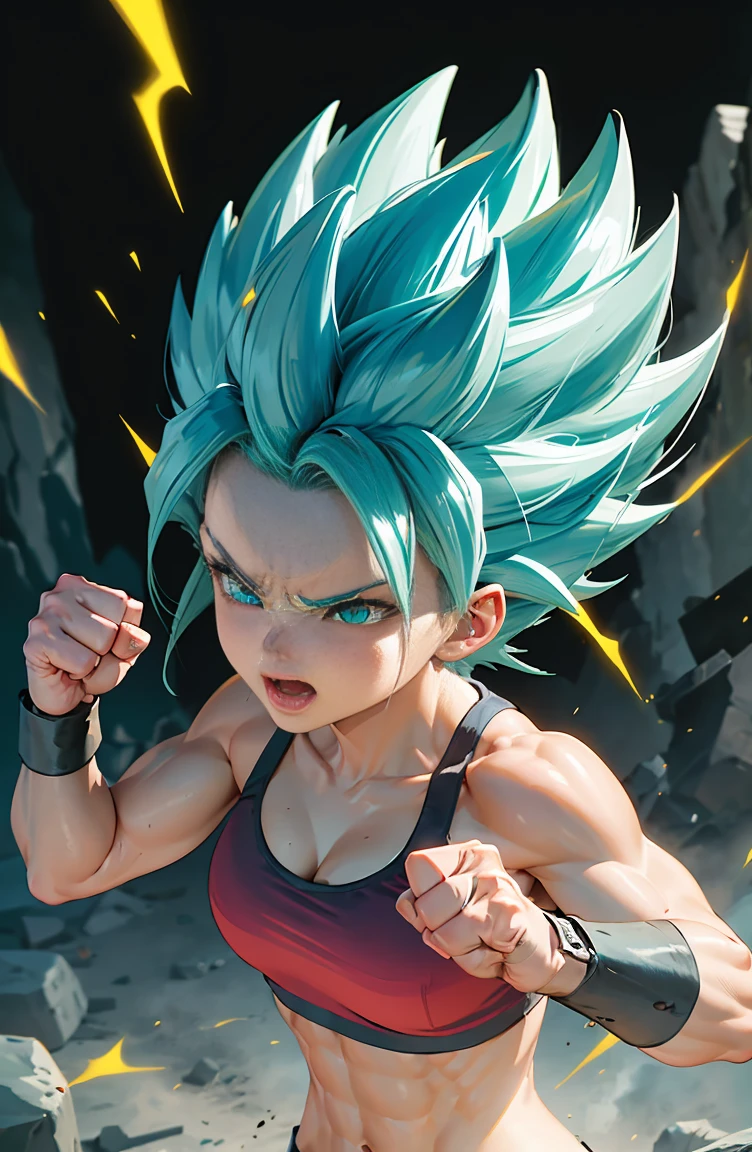 the female character Caulifla in a dynamic and powerful pose. Caulifla is a strong and muscular Super Saiyan, Known for her confident and defiant attitude. She has an athletic and muscular physique, demonstrating strength and agility. (medium bust), Your skin is white, ((and his eyes are large blue and expressive blue in color)), that convey determination and courage. ((blue colored eyes)). ((yellow aura around her)).
((Caulifla&#39;s hair is a striking feature: It&#39;s yellow golden hair, spiky and rises into jagged peaks)). ((She wears a set of traditional Saiyan combat clothing., consisting of a short red top that shows off her defined abdomen and long purple pants)). ((Purple pants)), Complete the look with brown combat boots.
Add details like dark gray metal bracelets on both wrists.. Your expression should be fierce and confident, with a defiant smile on his face. The pose should reflect your combative personality, perhaps with a clenched fist or a stance ready to attack.
The background could be a battle scene, like a rocky training ground or a destroyed arena, with debris and dust in the air, further highlighting the intensity of the character. Lighting should be dramatic, with shadows accentuating his muscles and the sparkle in his eyes reflecting his energy and determination.