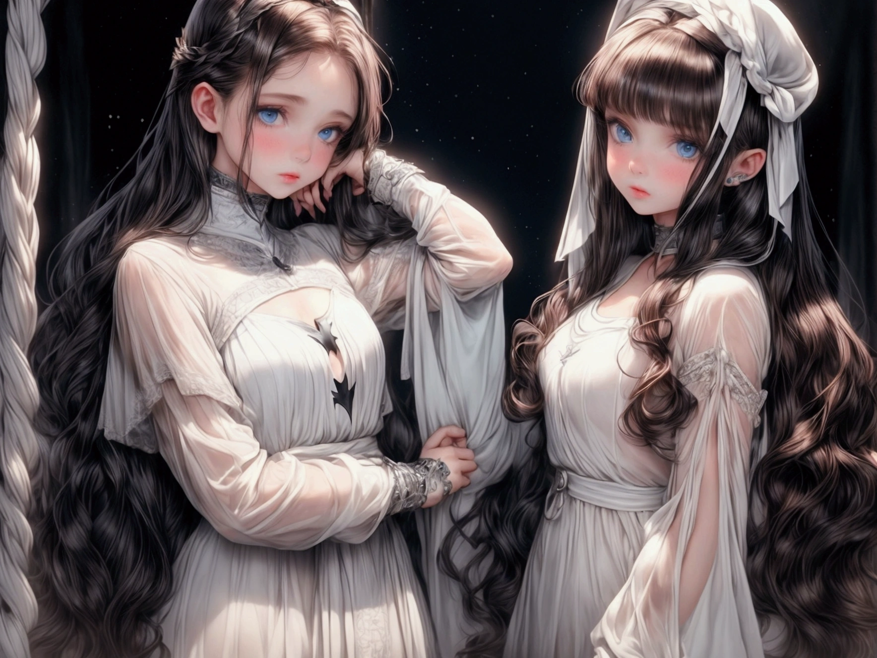 Juvenile and cute girl , white and clear but ruddy skin, thin and lovely face, large, slightly shiny light blue eyes, pink lips, wearing a loose white shirt that goes to the thighs, very long, slightly wavy dark brown hair, shy and a little nervous expression, is standing, She's low. Next to her is a man dressed as Batman, black hair and blue eyes, he is gently touching her head and his expression is calm
