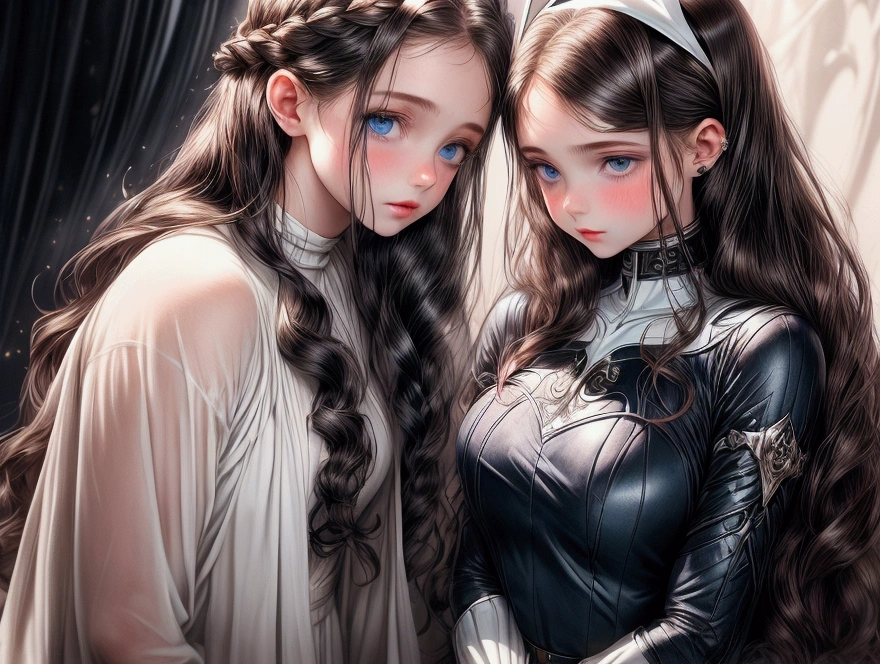 Juvenile and cute girl , white and clear but ruddy skin, thin and lovely face, large, slightly shiny light blue eyes, pink lips, wearing a loose white shirt that goes to the thighs, very long, slightly wavy dark brown hair, shy and a little nervous expression, is standing, She's low. Next to her is a man dressed as Batman, black hair and blue eyes, he is gently touching her head and his expression is calm