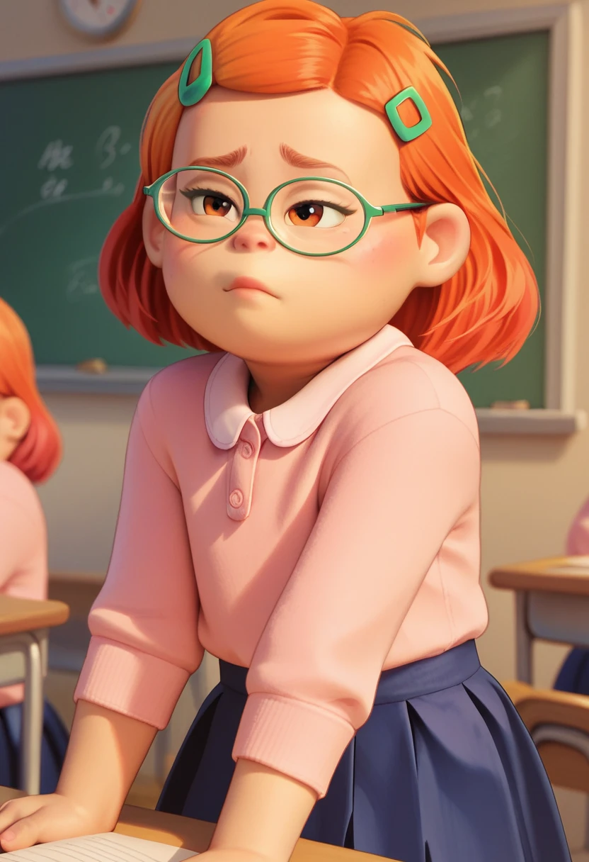 meilinlee pink shirt blue skirt green hairclips glasses orange hair, in the classroom