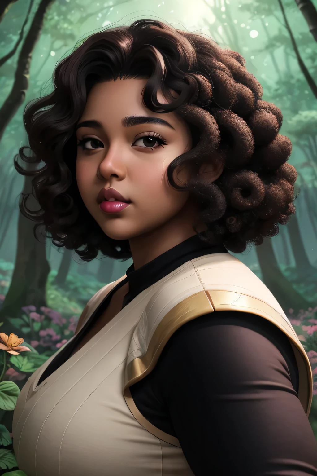 Anime illustration semi-realistic of brown skin latina girl, 25 year old, plus size, curvy, overweight, black eyes, black curly hair, big lips, anime, sleek design, brown skin, sideswept curly hairstyle, round face, fantasy mage clothing, flower forest background, dynamic light,
