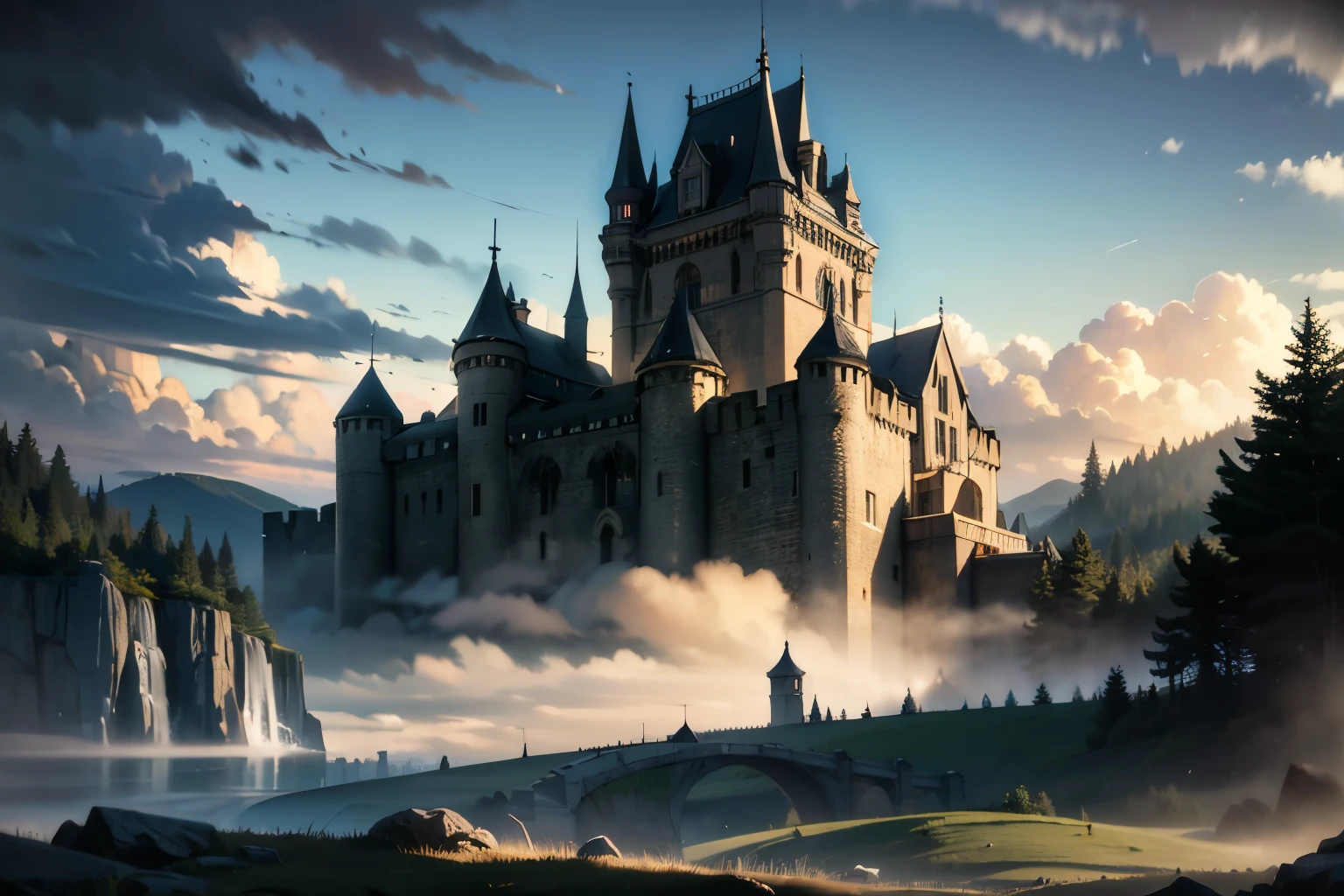 a medieval castle, old stone castle, gothic architecture, turrets, battlements, drawbridge, moat, towers, arched windows, medieval era, fantasy, cinematic lighting, dramatic shadows, mist, fog, cloudy sky, atmospheric, (best quality,4k,8k,highres,masterpiece:1.2),ultra-detailed,(realistic,photorealistic,photo-realistic:1.37), cinematic, epic, detailed environment, highly detailed textures, volumetric lighting, dramatic mood, mystical, brooding, (intricate details:1.2), (depth of field:1.1)