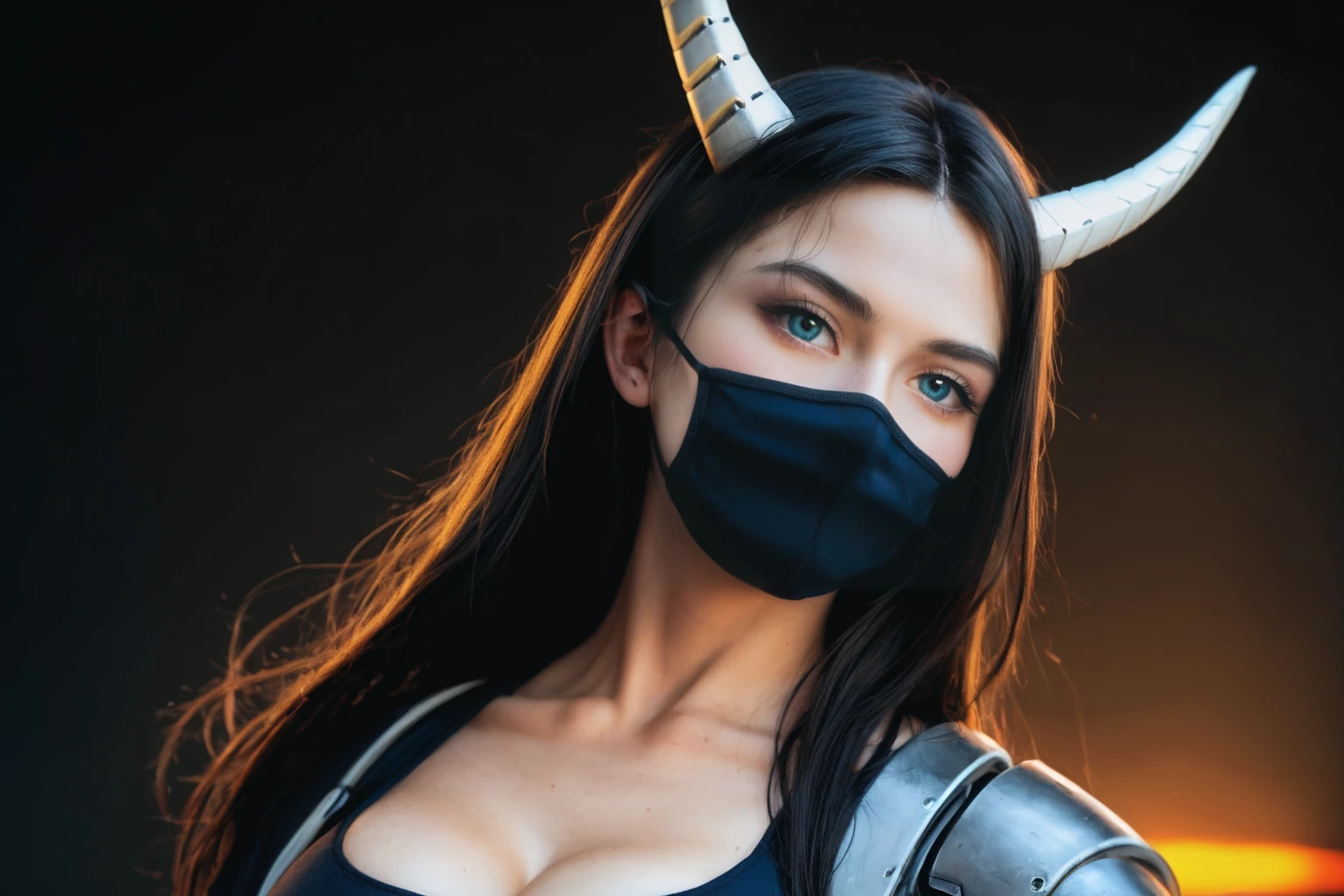 Super realistic, hyper realistic, super detailed, (cybersamurai, long hair, blue eyes, black hair, cleavage, upper body, horns, armor, blurry, clothing cutout, mask, blurry background, science fiction, mouth mask, cyborg, cyberpunk, katana on back, katana handle sticking out behind back:1.3) (glowing simple black background:1.25), masterpiece, best quality, wide-angle Hyperdetailed, masterpiece, best quality, 8k, natural lighting, soft lighting, sunlight, HDR (High Dynamic Range), Maximum Clarity And Sharpness, Multi-Layered Textures