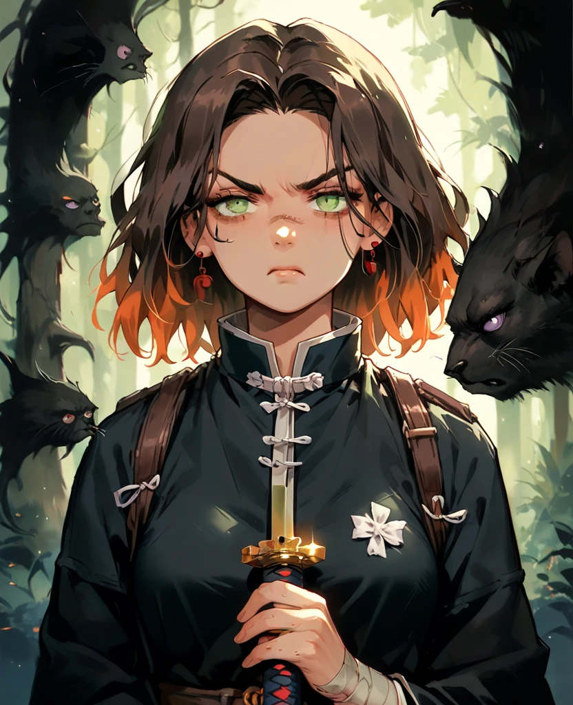 1girl, dark brown hair, 4 orange locks, medium hair, green eyes, Malé demon slayer uniform, white stockings, white haori, medium breasts, Bandage on arms, very serious expression, no shine in eyes, holds katana with two hands, fog, dark forest, tired pose