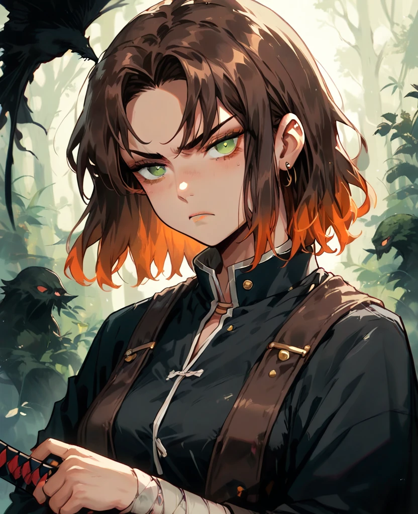 1girl, dark brown hair, 4 orange locks, medium hair, green eyes, Malé demon slayer uniform, white stockings, white haori, medium breasts, Bandage on arms, very serious expression, no shine in eyes, holds katana with two hands, fog, dark forest, tired pose