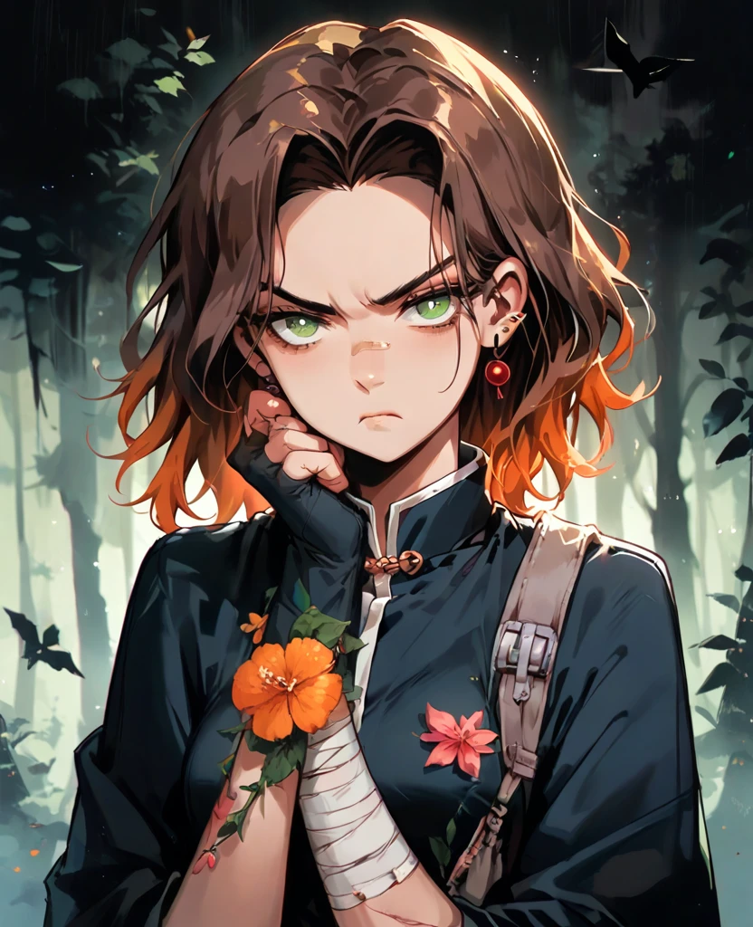 1girl, dark brown hair, 4 orange locks, medium hair, green eyes, Malé demon slayer uniform, white stockings, white haori, medium breasts, Bandage on arms, very serious expression, no shine in eyes, holds katana with two hands, fog, dark forest, tired pose