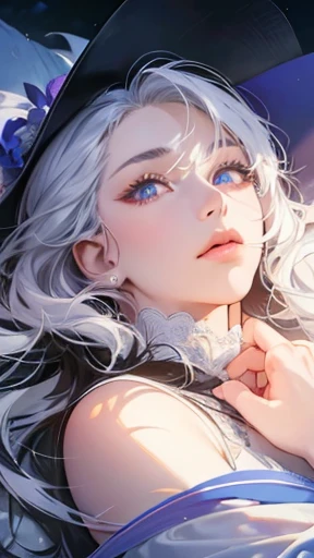 (masterpiece, Digital Art, Digital Illustration, 4K, 8K, Ultra-detailed, beautiful image, Sharp Image, Photorealistic, Raw photo, Perfect face, Perfect lines, Perfect eyes, Soft lighting) , a couple, 1 girl 1 boy, Hair color is different, Medium white hair and violet eyes, long black hair and blue eyes, Romance, Lie on the ground, Lip touch