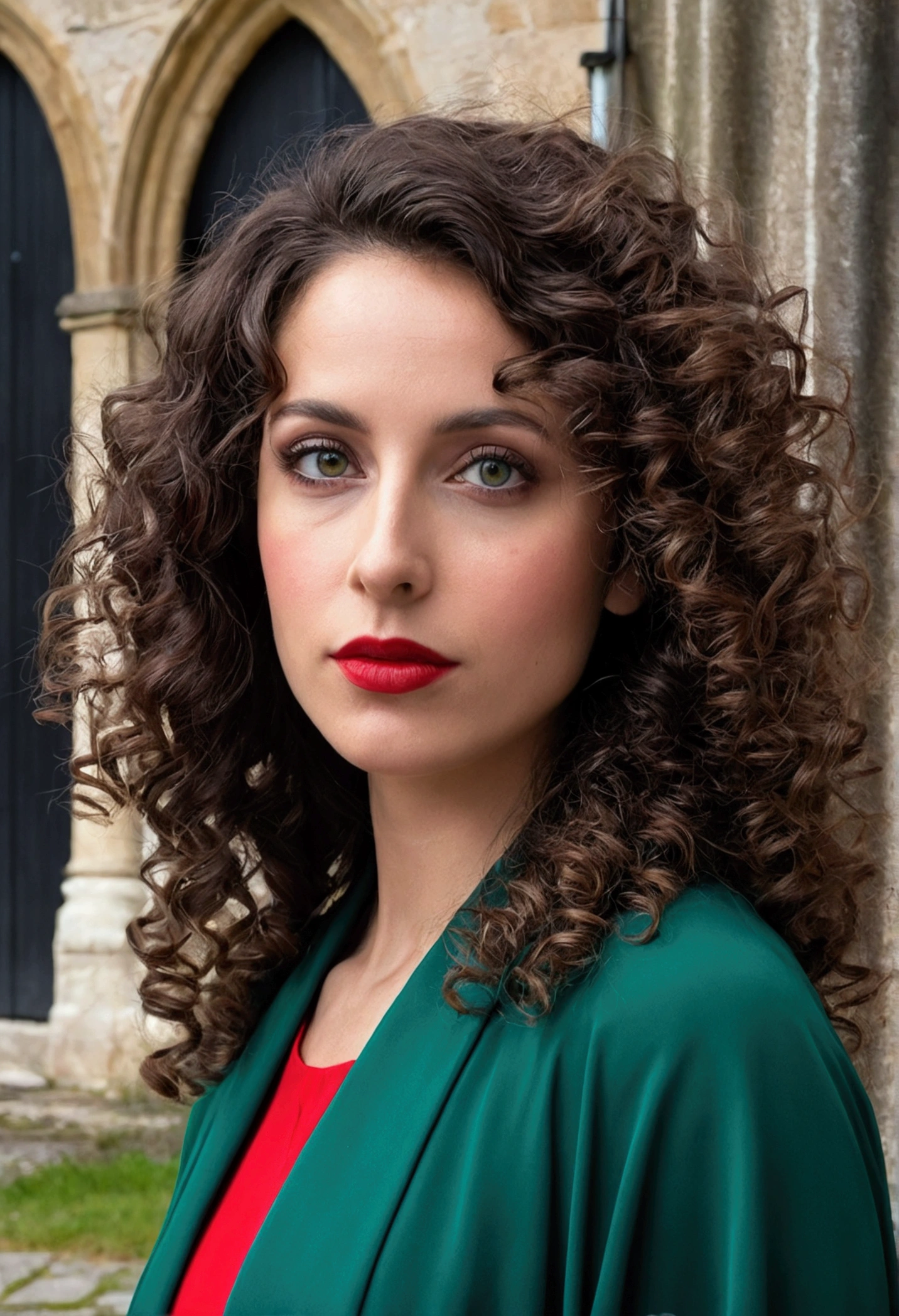 photo visage realistique, avec femme brune 30 ans,, cheveux long curly, yeux vert sombre, devant une eglise avec une jupe rouge