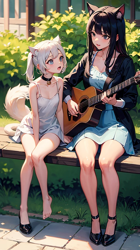 Cat and dog singing with hot girl outdoor