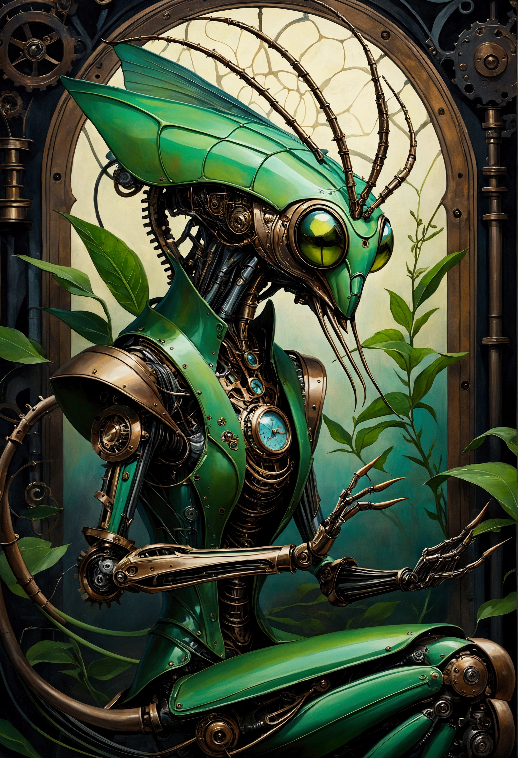 Mechanical creature, Praying Mantis, steampunk, oil painting