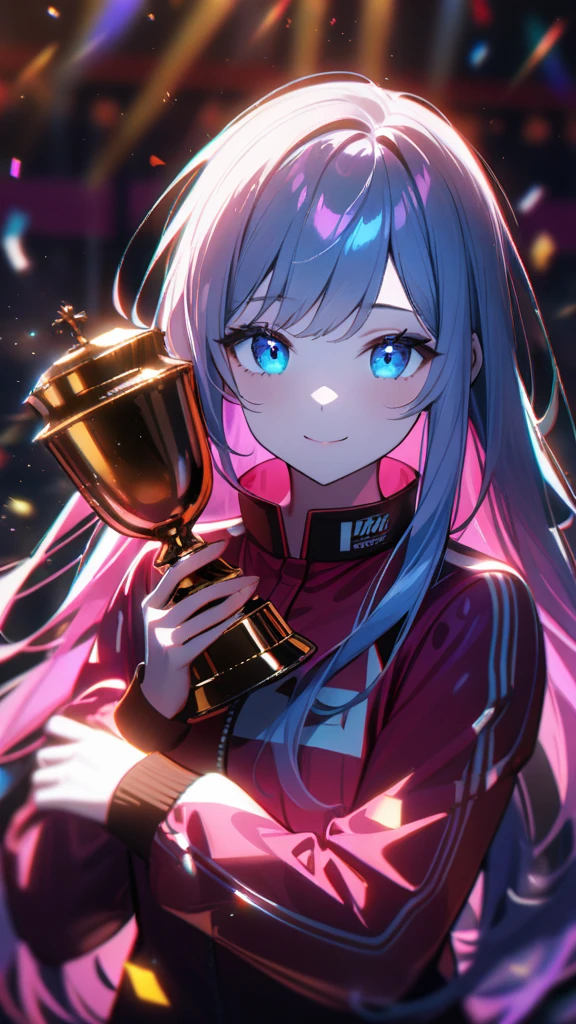 1girl, blue eyes, smile, split-color hair:1.3, long hair, pink racing suit , pale skin, holding trophy, stage, confetti, sunshine, dramatic lighting, soft shadow, masterpiece, best quality, safe, SFW, very aesthetic, recent, absurdres, highres, lighting, glowing,