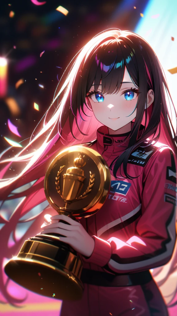 1girl, blue eyes, smile, split-color hair:1.3, long hair, pink racing suit , pale skin, holding trophy, stage, confetti, sunshine, dramatic lighting, soft shadow, masterpiece, best quality, safe, SFW, very aesthetic, recent, absurdres, highres, lighting, glowing,