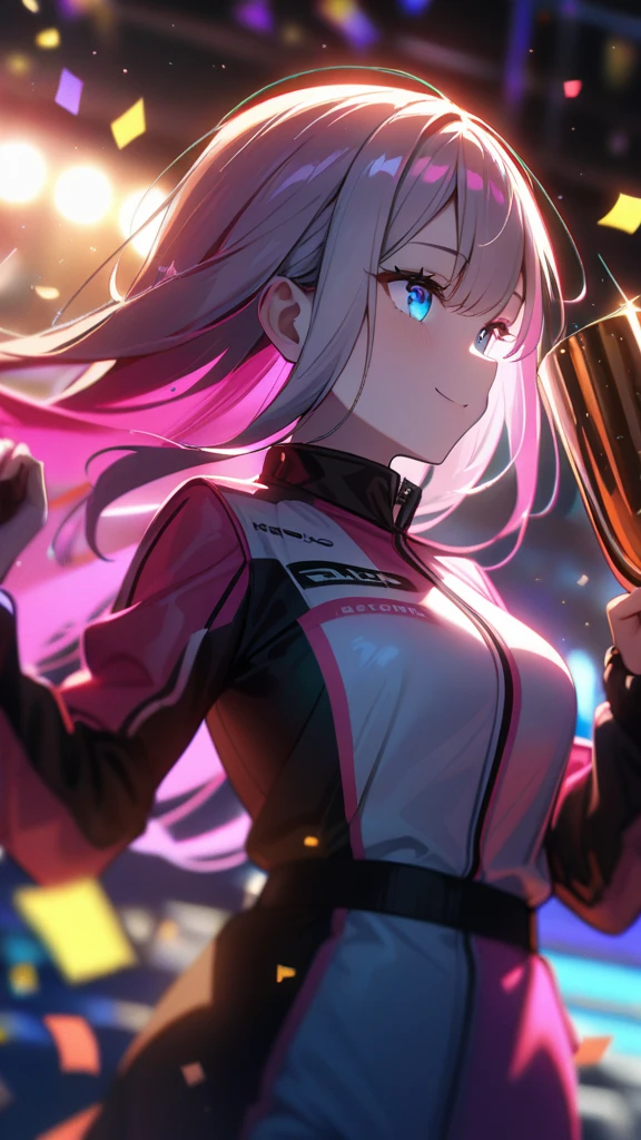 1girl, blue eyes, smile, split-color hair:1.3, long hair, pink racing suit , pale skin, holding trophy, stage, confetti, sunshine, dramatic lighting, soft shadow, masterpiece, best quality, safe, SFW, very aesthetic, recent, absurdres, highres, lighting, glowing,