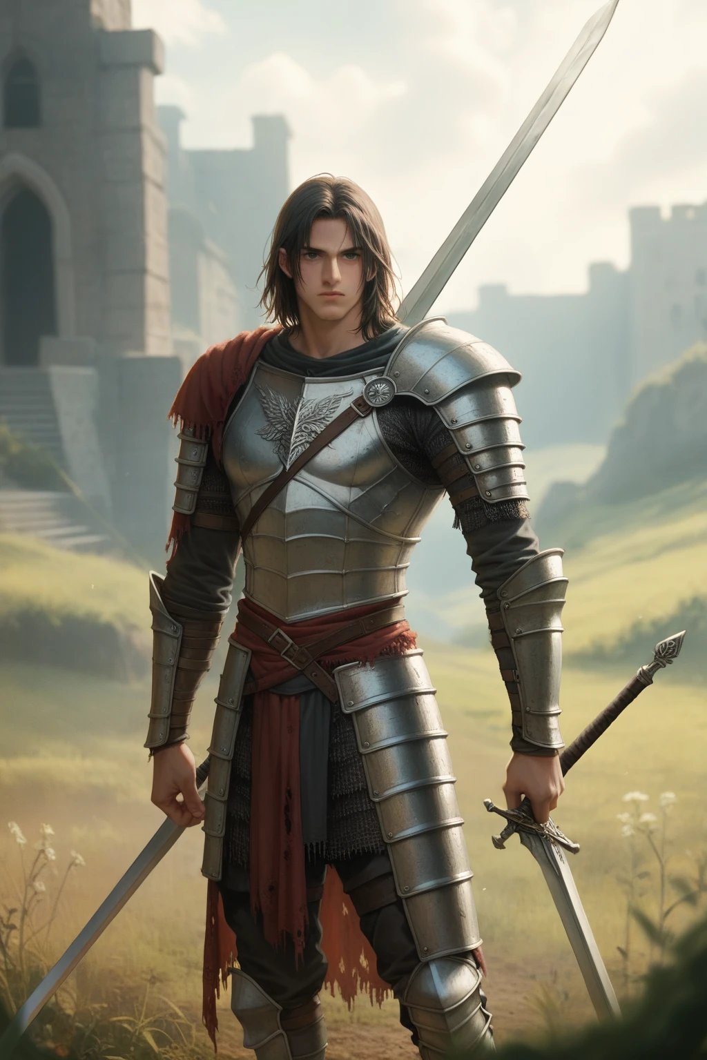 score_9, score_8_up, score_7_up, score_6_up, score_5_up, score_4_up, (source_anime), 1man,solo, Tall, heavy armor, half dusty, anvil symbol on armor chest, two long swords, battle field, dark souls, dungeon and dragons