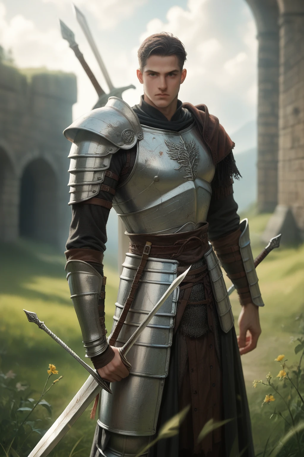 score_9, score_8_up, score_7_up, score_6_up, score_5_up, score_4_up, (source_anime), 1man,solo, Tall, heavy armor, half dusty, anvil symbol on armor chest, two long swords, battle field, dark souls, dungeon and dragons