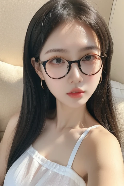 Highest quality、masterpiece、High sensitivity、High resolution、Detailed Description、Slender women、Glasses、Summer clothes、Puff out your cheeks、