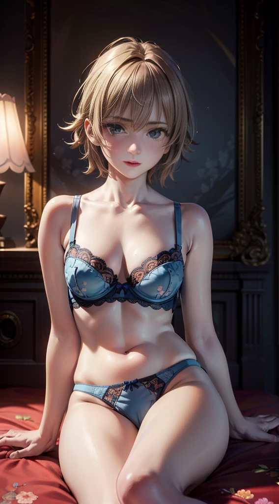 (masterpiece:1.3, Highest quality, Ultra-high resolution, Super detailed), (Realistic, photoRealistic:1.4), Beautiful illustrations, Perfect lighting, colorful, Depth of written boundary, Beautiful detailed hair, Beautifully detailed face, Beautiful fine details, Beautiful clavicle, Beautiful body, Beautiful , Beautiful thighs, Beautiful feet, Beautiful fingers, View your viewers, 1 girl, Perfect Face, (Perfect Anatomy, Anatomically correct), Cute and symmetrical face, Baby Face, , Shiny skin, (Brown Hair), Hair between the eyes, Dark green eyes, Droopy eyes, Big eyes, Long Eyelashes, (((Luxury underwear)))、((Light blue floral underwear))),(bra、Embroidery pattern)、(((pantiesdery pattern)))、(Beautiful views), Bright lighting