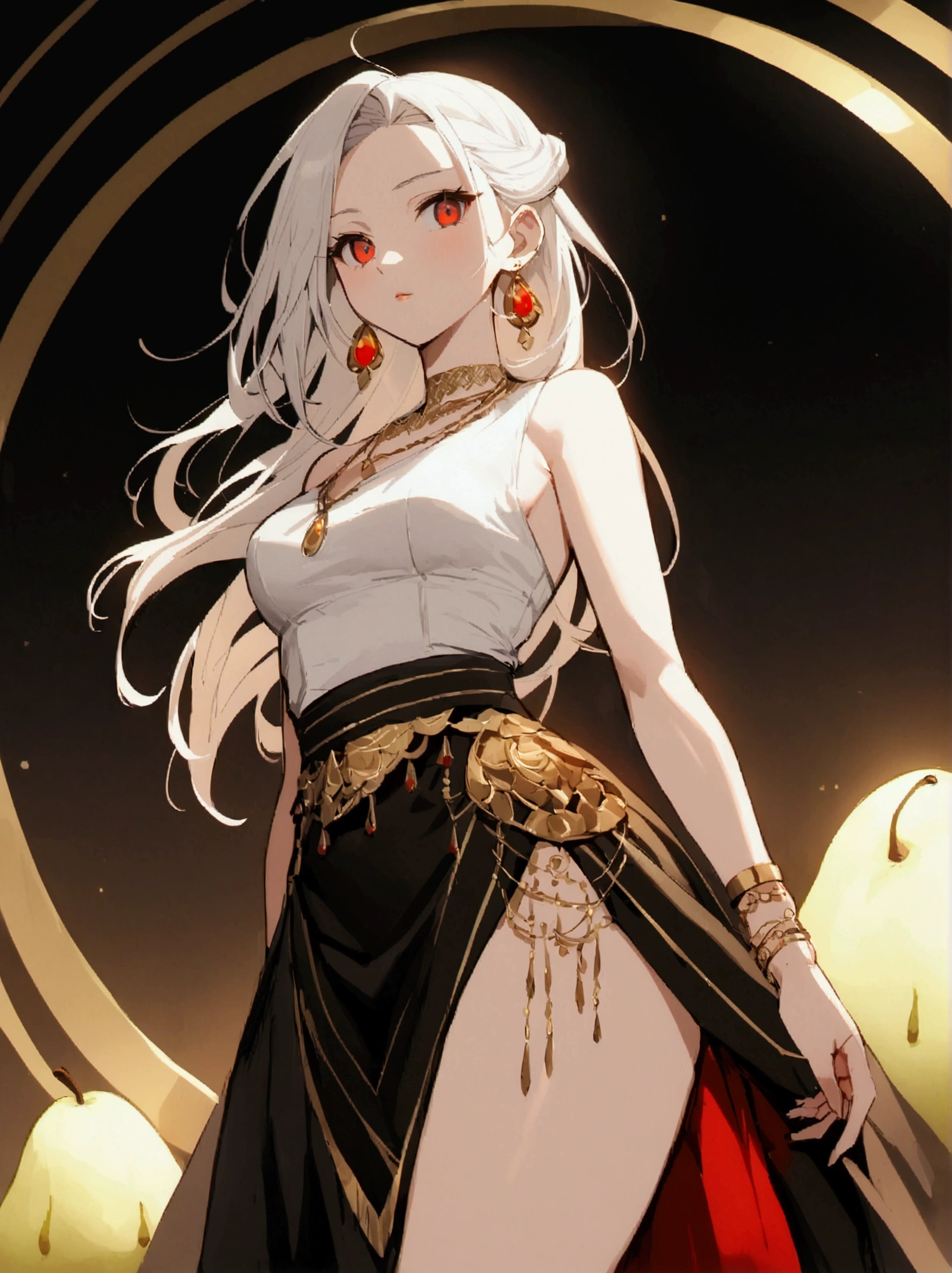 anime styling,  white-skinned, pear shaped body, medium thighs, large gluteus, medium breasts, Waist slender, hair long black, white streak in bangs, vibrant red eye, short top, low waist tight skirt, with necklaces, wristbands, gold rings and earrings, All accessories have a minimalist circle-shaped pendant in white