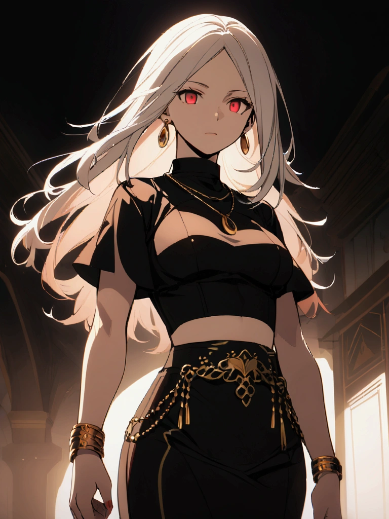 anime styling,  white-skinned, pear shaped body, medium thighs, large gluteus, medium breasts, Waist slender, hair long black, white streak in bangs, vibrant red eye, short top, low waist tight skirt, with necklaces, wristbands, gold rings and earrings, All accessories have a minimalist circle-shaped pendant in white