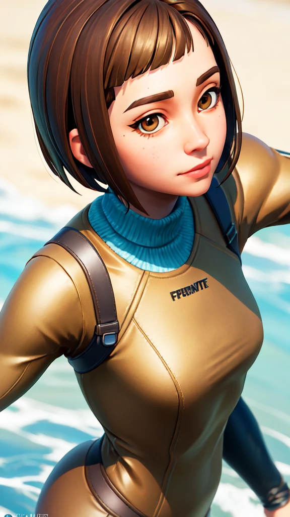 (masterpiece:1.2, Best Quality), Fortnite Style, 1 girl, ((Brown eyes, brown hair, short hair with side bangs, Brown eyes)), default suit, Green shirt, identification plates, White background, close up 