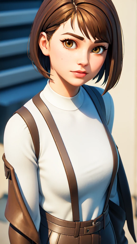 (masterpiece:1.2, Best Quality), Fortnite Style, 1 girl, ((Brown eyes, brown hair, short hair with side bangs, Brown eyes)), default suit, Green shirt, identification plates, White background, close up 