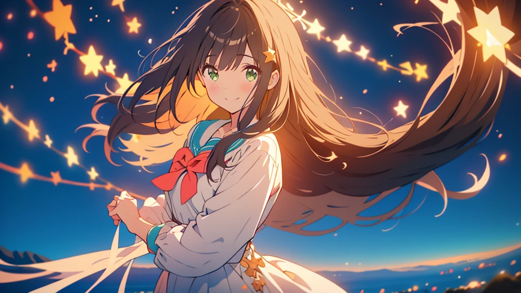kawaii, anime, Cute, hyper quality, highly detailed, 8k, Clarity, Draw facial expressions in detail, Girl with long dark brown hair and green eyes, long dress, Sea of night, Star of the sky, Meteor shower, milky way, smile, hold your hand, pay water, wrapped in light,