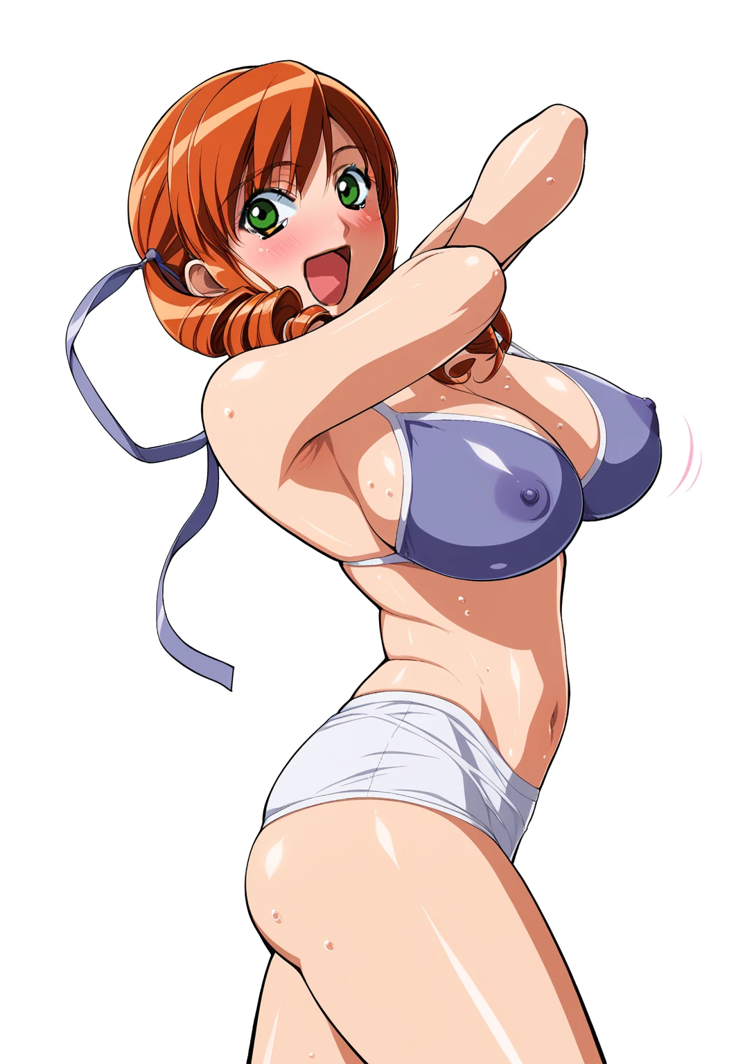 kuroda kazuya, score_7_up, source_anime, very aesthetic, absurdres, rating explicit, 1girl, solo, looking at viewer, blush, cowboy shot, large breasts, drill hair, covered nipples