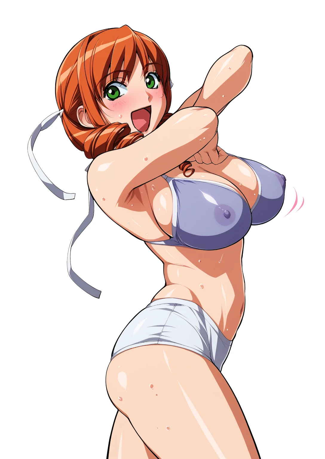 kuroda kazuya, score_7_up, source_anime, very aesthetic, absurdres, rating explicit, 1girl, solo, looking at viewer, blush, cowboy shot, large breasts, drill hair, covered nipples