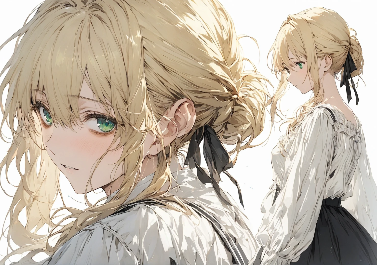 1 woman, happy, tired, high detail, conceptual art, japanese cartoon movies, masterpiece, super detail, high details, high quality, best quality, green eyes, blonde hair, violet evergarden hair, pretty, tall, emotionless, tired, Anime Background,landscape, happy, middle long, light green eyes, ((femenine)), ((male face)), handsome, kuroume_1024, bags under eyes,fate stay night, artoria pendragon(blond hair, chignon hair, light green eyes, white blouse, black skirt), masterpiece, male focus, solo, looking at viewer, white background, (Wearing dress), parted lips, cold expression (face close-up), light ambience, hollow eyes, 1girl, ,(CHARACTERSHEET:1) (MULTIPLE VIEWS FULL BODY UPPER BODY REFERENCE SHEET:1) medium breasts, perfect face, blond hair, hair ribbon,