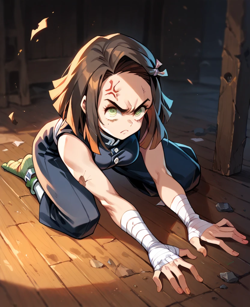 1girl, dark brown hair, 4 orange locks, medium hair, green eyes, demon slayer uniform, white stockings, white haori, medium breasts, Very angry expression, hits wooden floor, floor cracks, bandages on arms 