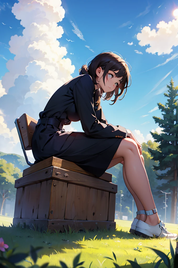 Girl, gazing the sky, sitting on the grass