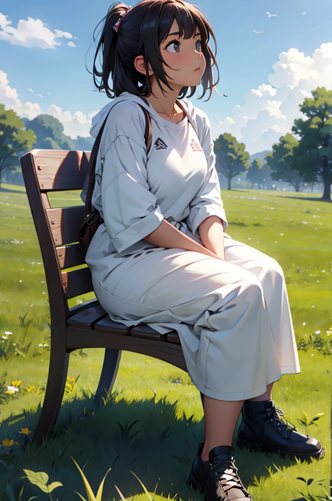 Girl, gazing the sky, sitting on the grass