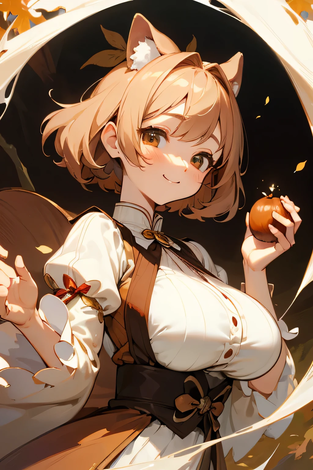 Highest quality、High resolution、Detailed Background、mysterious、(Beautiful face in every detail:1.4)、Anatomically correct、Highly detailed face、(Huge breasts:1.2)、Perfect body line、Light color hair、Cute gestures、nature、Fun atmosphere、A big smile、Looking at me happily、An adorable creature that blends into autumn nature、Chestnut color and texture、Autumn-like、
Its  is covered in brown chestnut shells.、A lovely fairy appeared、For fluffy hair、Chestnuts are scattered all over the place.、She is wearing a costume that looks like a chestnut shell.、It has a button in the shape of a fruit.、Small chestnuts are scattered at my feet.、It looks like a fairy dancing lightly.、In the hands of the fairy、It has even larger chestnuts.、The fairy&#39;s face, with autumn&#39;s blush on her cheeks,、It&#39;s calm and kind、Hold the clitoris lovingly、The way he occasionally puts his hand on her cheek is adorable.、Cute beauty、Fantastic and cute