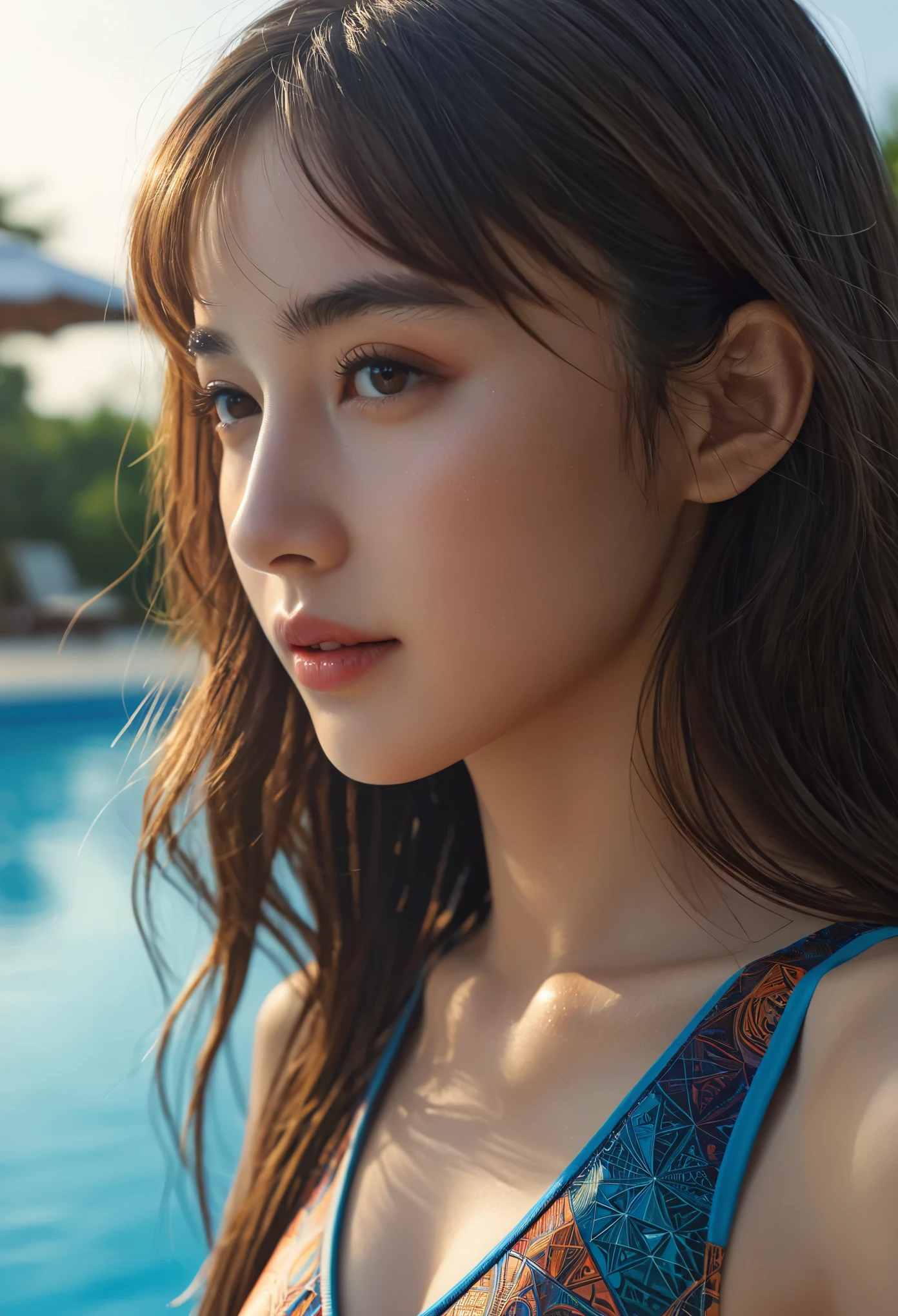 Mature youth, erotic style, super cute, upper body close-up, nice perfect face with soft skin, gorgeous wavy long brown hair, 8K resolution, ultra-realistic, super detailed, high quality, erotic and beautiful immature woman, night pool, taut skin, 18-20 years old, sweating