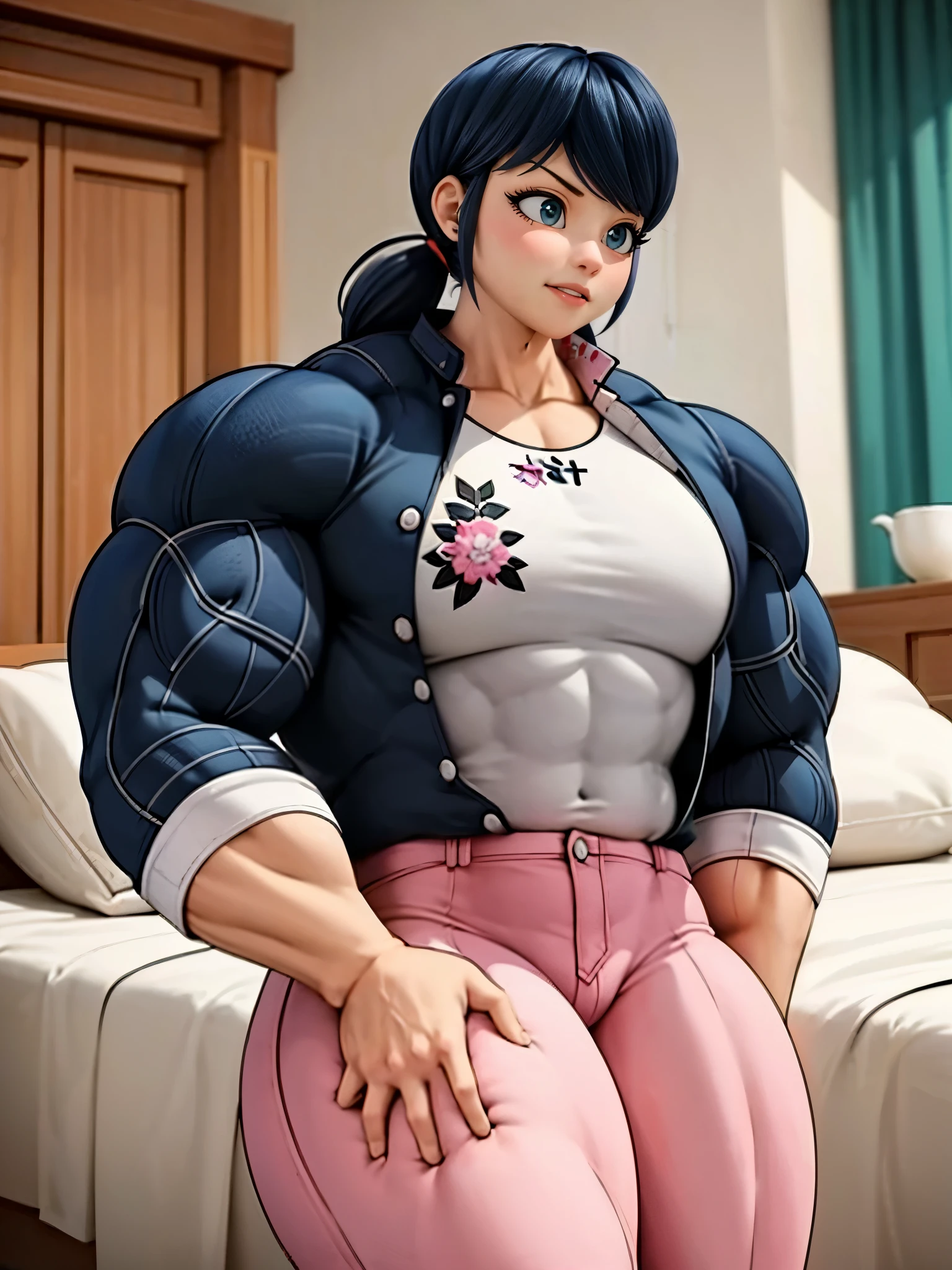 (big muscular female bodybuilder, beautiful detailed eyes, beautiful detailed lips:1.1,strong physique, two short pigtails, (smile), ( Marinette wears a white printed shirt ), black jacket, ((( dark pink jean's , plane jean's, without pattern))), and ballet flats.), lifting weight, muscular arms and legs:1.2, toned abs, powerful expression,sweating:1.1, bed background:0.9, intense focus:1.1, vibrant colors, dramatic lighting), rippling muscles,sturdy frame,dark tan,fit around the waist,(tight abs),strong arms and shoulders,intense expression,determined look,well-defined muscles and veins,straining muscles,artistic pose,steely gaze,side lighting,powerful presence,vivid colors,dynamic composition,studio lighting,physically-based rendering,athletic build,bodybuilding silhouette,professional,gritty texture,bokeh, (flex biceap's)