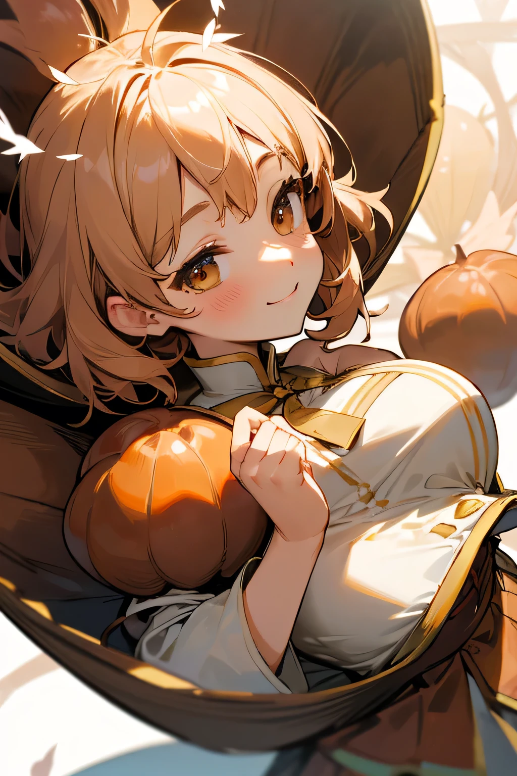 Highest quality、High resolution、Detailed Background、mysterious、(Beautiful face in every detail:1.4)、Anatomically correct、Highly detailed face、(Huge breasts:1.2)、Perfect body line、Light color hair、Cute gestures、nature、Fun atmosphere、A big smile、Looking at me happily、An adorable creature that blends into autumn nature、Chestnut color and texture、Autumn-like、
Its is covered in brown chestnut shells.、A lovely fairy appeared、For fluffy hair、Chestnuts are scattered all over the place.、She is wearing a costume that looks like a chestnut shell.、It has a button in the shape of a fruit.、Small chestnuts are scattered at my feet.、It looks like a fairy dancing lightly.、In the hands of the fairy、It has even larger chestnuts.、The fairy's face, with autumn's blush on her cheeks,、It's calm and kind、Hold the clitoris lovingly、The way he occasionally puts his hand on her cheek is adorable.、Cute beauty、Fantastic and cute