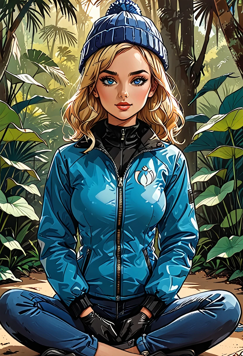 (fullbody), lotus pose,tropical green background, palm, tropical forest,((girl in Blue zipped up down winter jacket and black turtleneck )) and (jeans) and blue gloves and (((blue winter hat)))) in a lotus pose, adult, [Nordic], Hourglass elongated fitness body, perfect Olive skin, Oval Face, Long neck, Rounded shoulders, perfect hand, Attached Pointed ears, round forehead, (Short blonde Waves pixie hair), snub nose, Arched eyebrows, ((Monolid blue Eyes)), High Round Narrow cheekbones, Dimpled Cheeks, Rounded Chin, Rounded Jawline, Full nude Lips, (blue eyes), Nude Makeup Look, long eyelashes, third breast size, long slim fitness legs, graphic style of novel comics, perfect hands, 2d, 8k, hyperrealism, masterpiece, high resolution, best quality, ultra-detailed, super realistic, Hyperrealistic art, high-quality, ultra high res, highest detailed, lot of details, Extremely high-resolution details, incredibly lifelike, colourful, soft cinematic light,