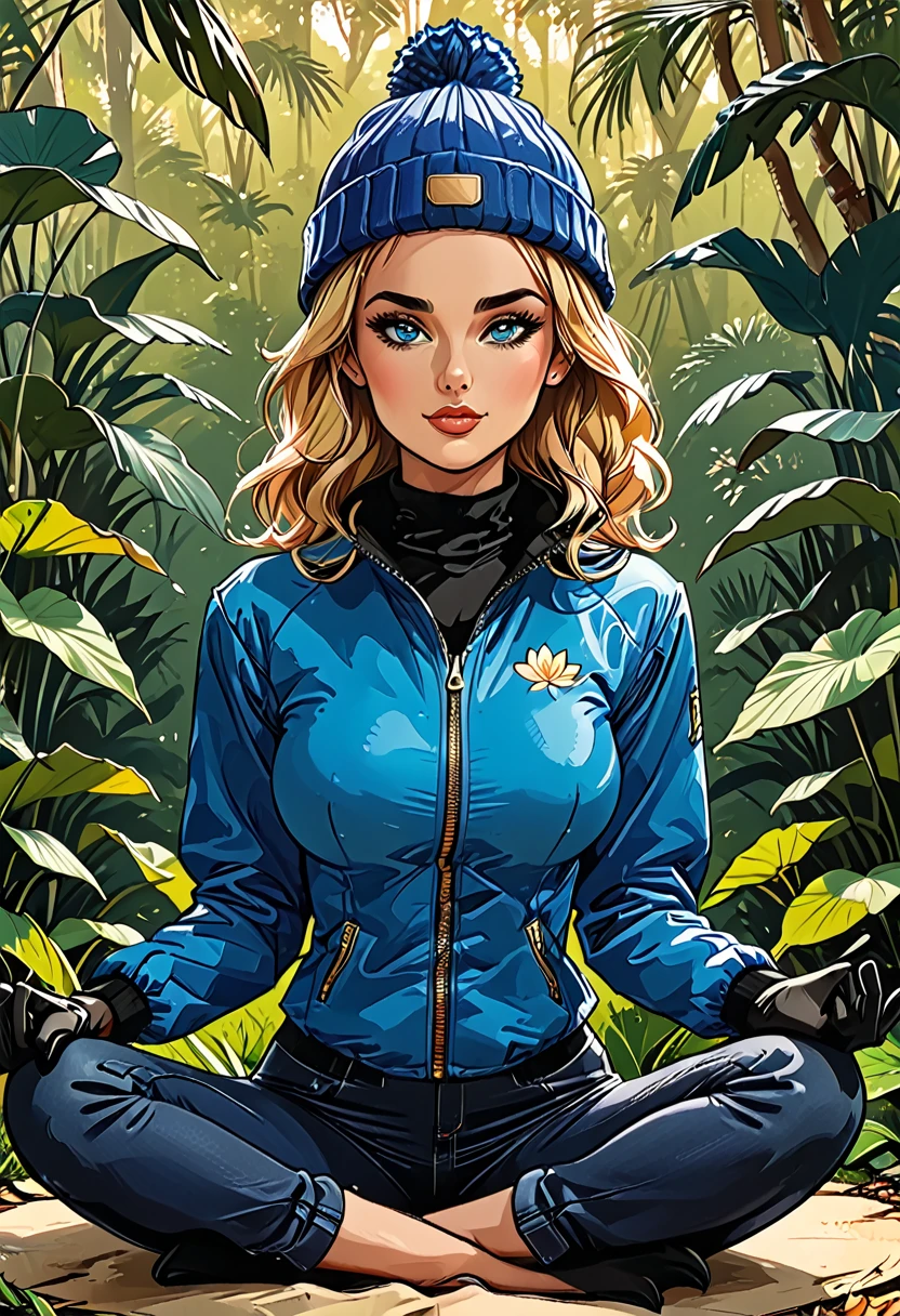 (fullbody), lotus pose,tropical green background, palm, tropical forest,((girl in Blue zipped up down winter jacket and black turtleneck )) and (jeans) and blue gloves and (((blue winter hat)))) in a lotus pose, adult, [Nordic], Hourglass elongated fitness body, perfect Olive skin, Oval Face, Long neck, Rounded shoulders, perfect hand, Attached Pointed ears, round forehead, (Short blonde Waves pixie hair), snub nose, Arched eyebrows, ((Monolid blue Eyes)), High Round Narrow cheekbones, Dimpled Cheeks, Rounded Chin, Rounded Jawline, Full nude Lips, (blue eyes), Nude Makeup Look, long eyelashes, third breast size, long slim fitness legs, graphic style of novel comics, perfect hands, 2d, 8k, hyperrealism, masterpiece, high resolution, best quality, ultra-detailed, super realistic, Hyperrealistic art, high-quality, ultra high res, highest detailed, lot of details, Extremely high-resolution details, incredibly lifelike, colourful, soft cinematic light,