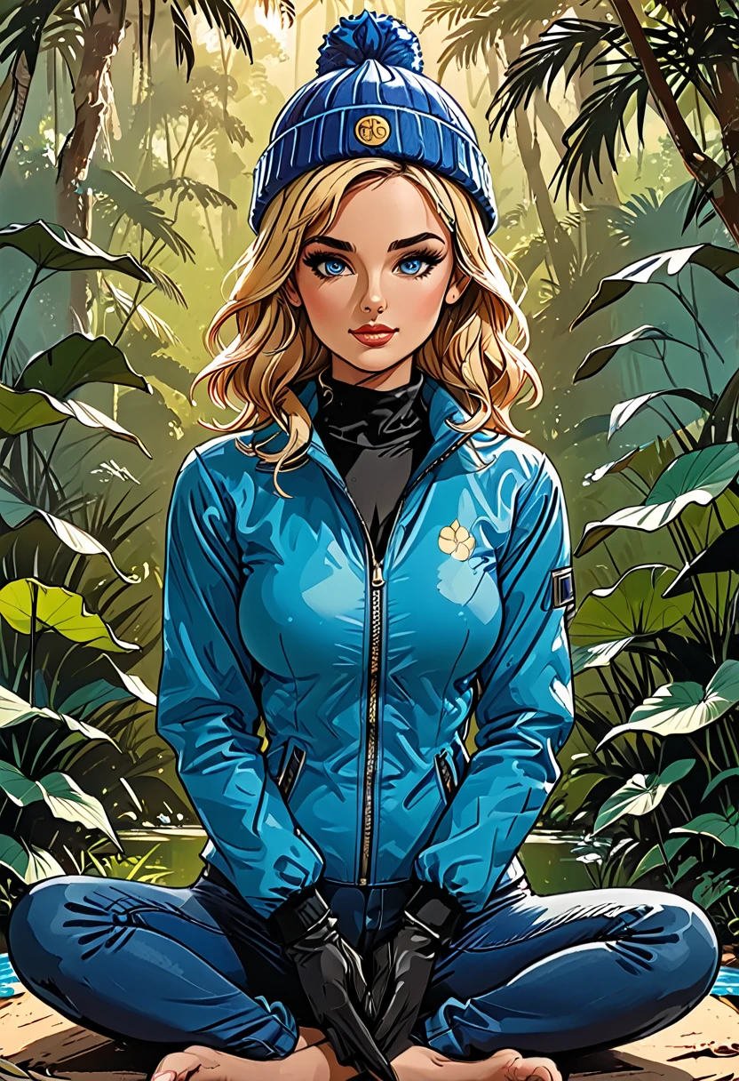 (fullbody), lotus pose,tropical green background, palm, tropical forest,((girl in Blue zipped up down winter jacket and black turtleneck )) and (jeans) and blue gloves and (((blue winter hat)))) in a lotus pose, adult, [Nordic], Hourglass elongated fitness body, perfect Olive skin, Oval Face, Long neck, Rounded shoulders, perfect hand, Attached Pointed ears, round forehead, (Short blonde Waves pixie hair), snub nose, Arched eyebrows, ((Monolid blue Eyes)), High Round Narrow cheekbones, Dimpled Cheeks, Rounded Chin, Rounded Jawline, Full nude Lips, (blue eyes), Nude Makeup Look, long eyelashes, third breast size, long slim fitness legs, graphic style of novel comics, perfect hands, 2d, 8k, hyperrealism, masterpiece, high resolution, best quality, ultra-detailed, super realistic, Hyperrealistic art, high-quality, ultra high res, highest detailed, lot of details, Extremely high-resolution details, incredibly lifelike, colourful, soft cinematic light,