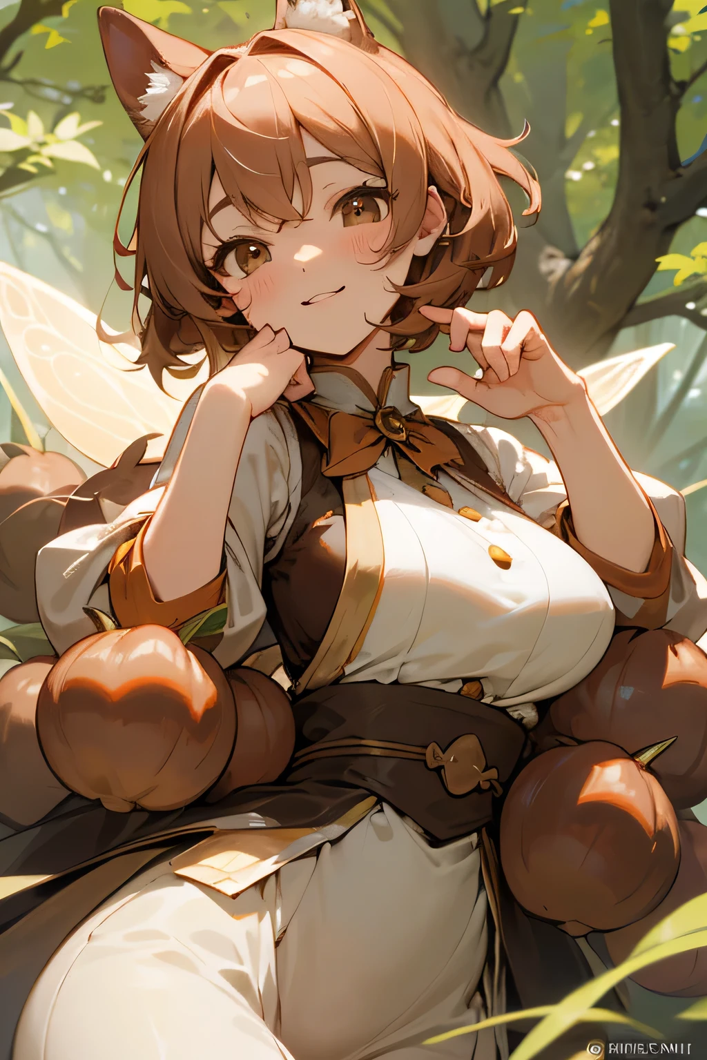 Highest quality、High resolution、Detailed Background、mysterious、(Beautiful face in every detail:1.4)、Anatomically correct、Highly detailed face、(Huge breasts:1.2)、Perfect body line、Light color hair、Cute gestures、nature、Fun atmosphere、A big smile、Looking at me happily、An adorable creature that blends into autumn nature、Chestnut color and texture、Autumn-like、
Its is covered in brown chestnut shells.、A lovely fairy appeared、For fluffy hair、Chestnuts are scattered all over the place.、She is wearing a costume that looks like a chestnut shell.、It has a button in the shape of a fruit.、Small chestnuts are scattered at my feet.、It looks like a fairy dancing lightly.、In the hands of the fairy、It has even larger chestnuts.、The fairy's face, with autumn's blush on her cheeks,、It's calm and kind、Hold the clitoris lovingly、The way he occasionally puts his hand on her cheek is adorable.、Cute beauty、Fantastic and cute