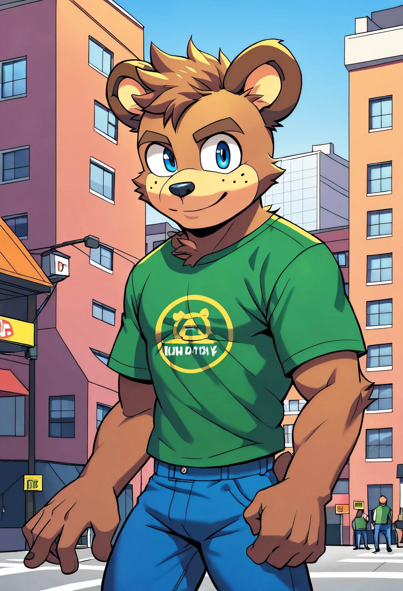 score_9, score_8_up, score_7_up, 1boy, solo, handsome, adult, (furry bear boy), (brown fur skin), bear ears, blue eyes BREAK freckles, green shirt, short sleeves, blue pants, standing, smile, closed mouth, looking at viewer, outdoors, urban area, orange sky, buildings, streets
