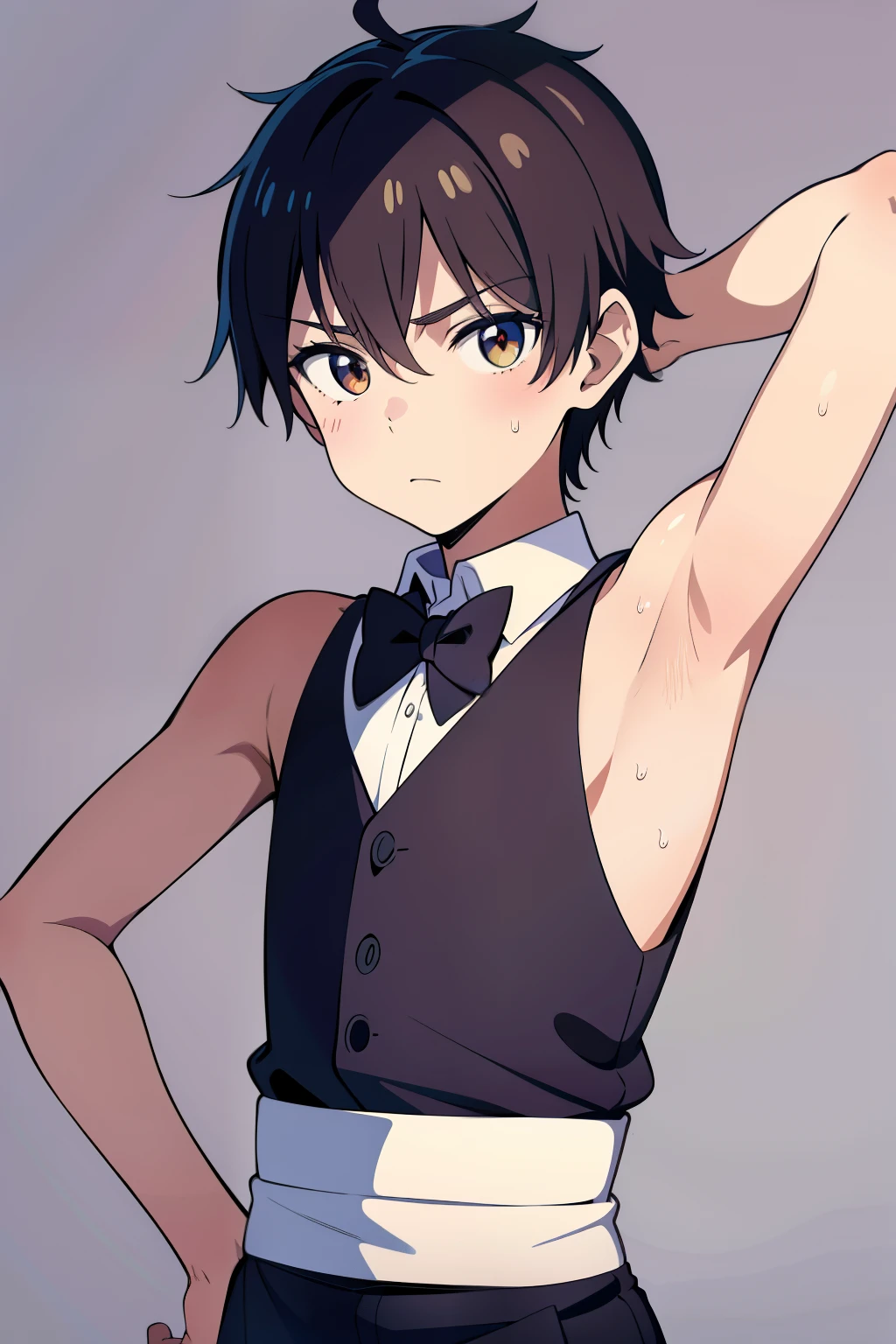 Highres, Masterpiece, Best quality at best,Best Quality,hight quality, hight detailed, Anime style, age 12, 1boy, Boy, Shota, Solo person, young boy, upper body, slim body, Sleeveless vest, waiter, Bow tie, choker, bare shoulder, grey background, (Showing armpit:1.3), Give me a picture of the armpit of a young boy, the armpit looks clean and smells good, the armpit is very beautiful, the boy is teasing using his armpit, shine closer to the armpit, Cute armpit, Sexy armpit, seductive armpits, Such a cute smooth armpit, The armpits of a 12 year old boy, Adorable little armpits, Give me a proportional picture of a 12 year old boy's armpits, (very young boy), (Very small and short body), uhd, bokeh